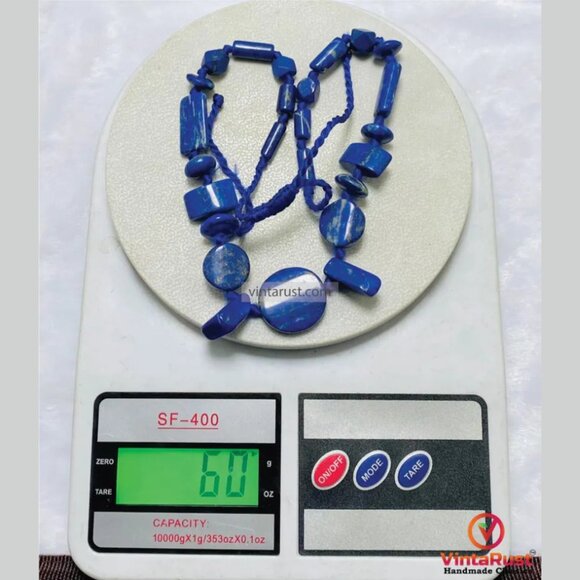 Natural Lapis Lazuli Beaded Necklace Handmade Tribal Style Blue Gemstone Jewelry - Picture 7 of 7